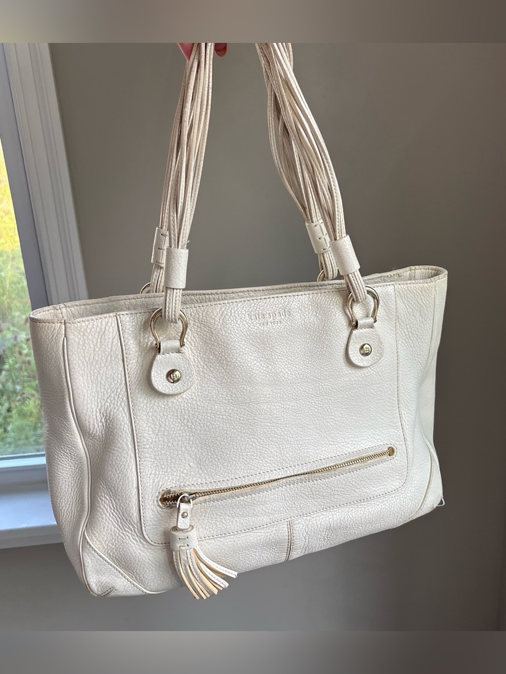 kate spade Cream Pebbled Leather Shoulder Tote with Tassel